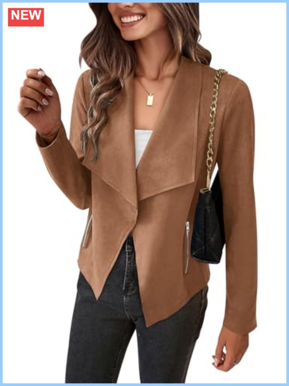 Women Faux Suede Cropped Jacket Waterfall Collar Open Front Zip Pockets Fall
